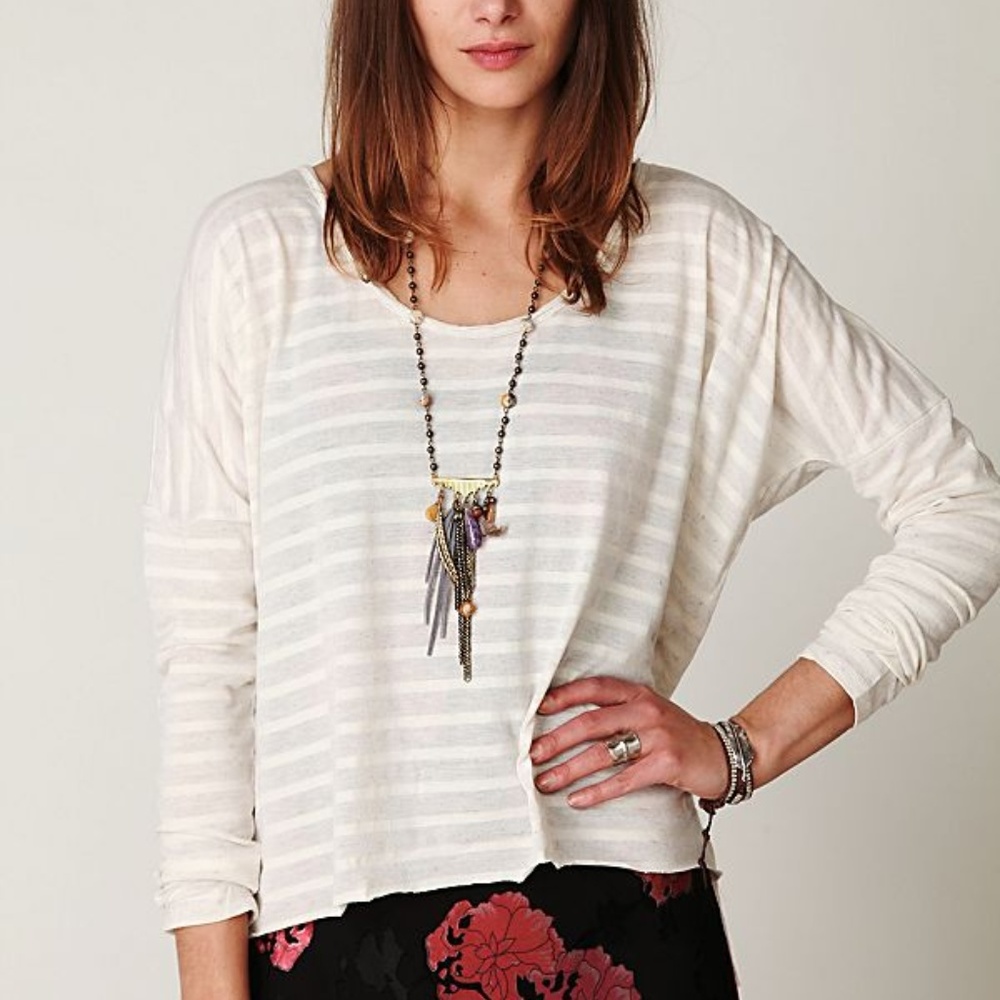 Free People Beach Striped Long Sleeve Boxy Tee OS